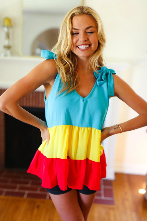 Multicolor Tiered Shoulder Tie Bow Crepe Top - Coeur de la Mode