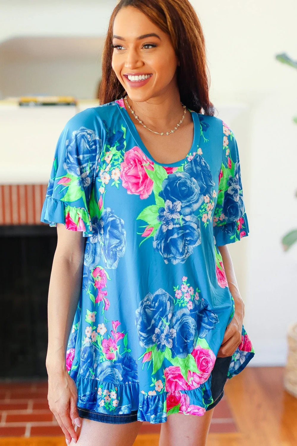 Feeling Playful Blue Floral Ruffle Sleeve & Hem Tunic Top - Coeur de la Mode