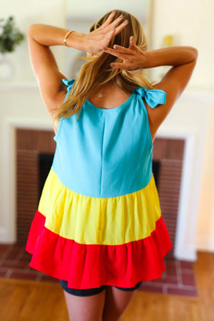 Multicolor Tiered Shoulder Tie Bow Crepe Top - Coeur de la Mode