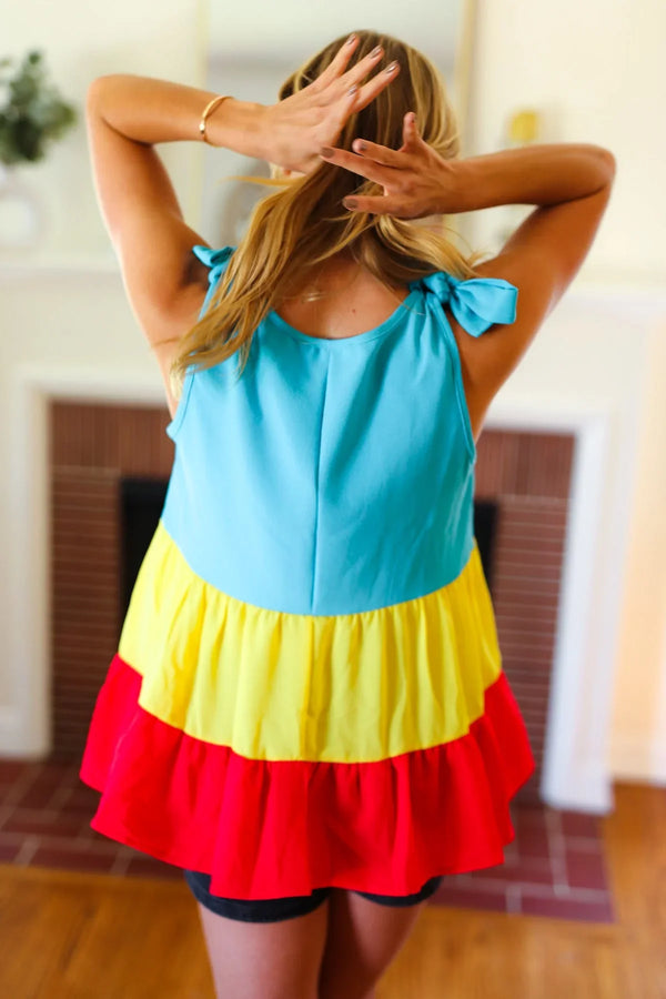 Multicolor Tiered Shoulder Tie Bow Crepe Top - Coeur de la Mode