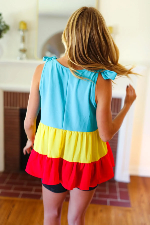 Multicolor Tiered Shoulder Tie Bow Crepe Top - Coeur de la Mode