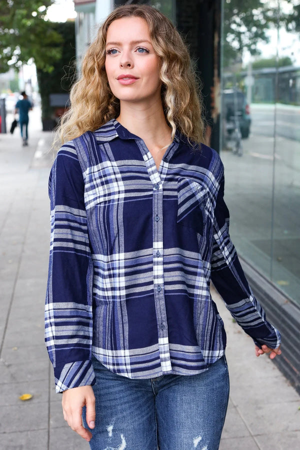 Casual Chic Blue Plaid Button Down Long Sleeve Top - Coeur de la Mode