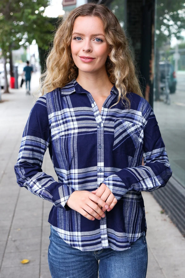 Casual Chic Blue Plaid Button Down Long Sleeve Top - Coeur de la Mode