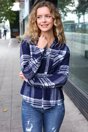 Casual Chic Blue Plaid Button Down Long Sleeve Top - Coeur de la Mode