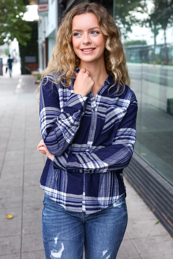 Casual Chic Blue Plaid Button Down Long Sleeve Top - Coeur de la Mode