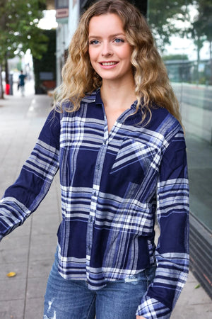 Casual Chic Blue Plaid Button Down Long Sleeve Top - Coeur de la Mode