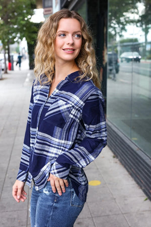 Casual Chic Blue Plaid Button Down Long Sleeve Top - Coeur de la Mode