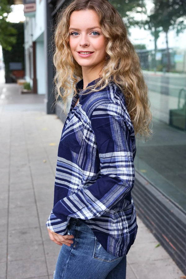 Casual Chic Blue Plaid Button Down Long Sleeve Top - Coeur de la Mode