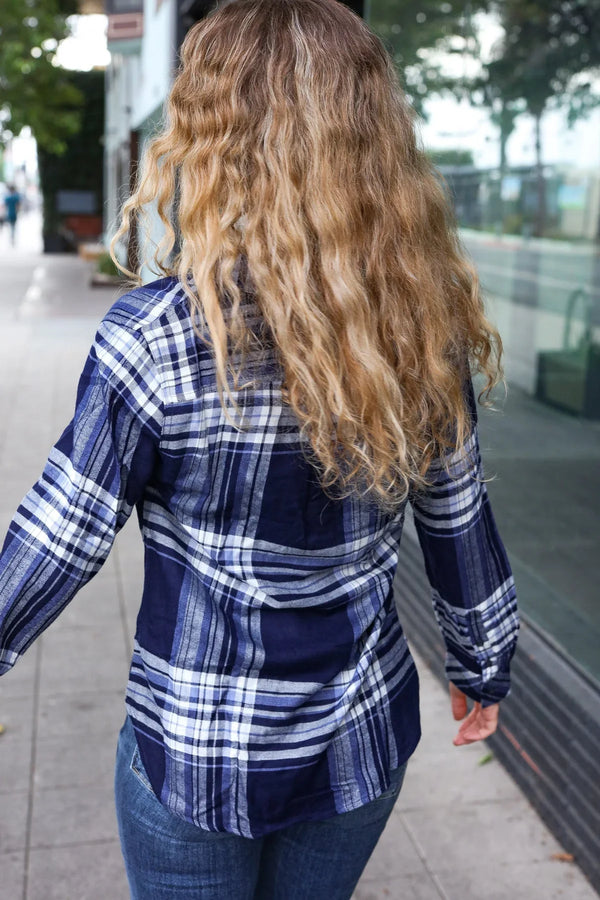 Casual Chic Blue Plaid Button Down Long Sleeve Top - Coeur de la Mode