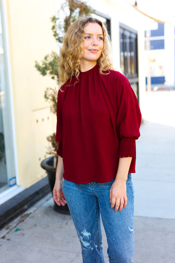 Bold Dreams Wine Smocked Three Quarter Sleeve Tie Back Top - Coeur de la Mode
