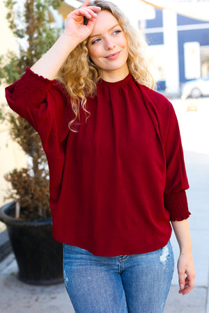 Bold Dreams Wine Smocked Three Quarter Sleeve Tie Back Top - Coeur de la Mode