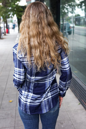 Casual Chic Blue Plaid Button Down Long Sleeve Top - Coeur de la Mode