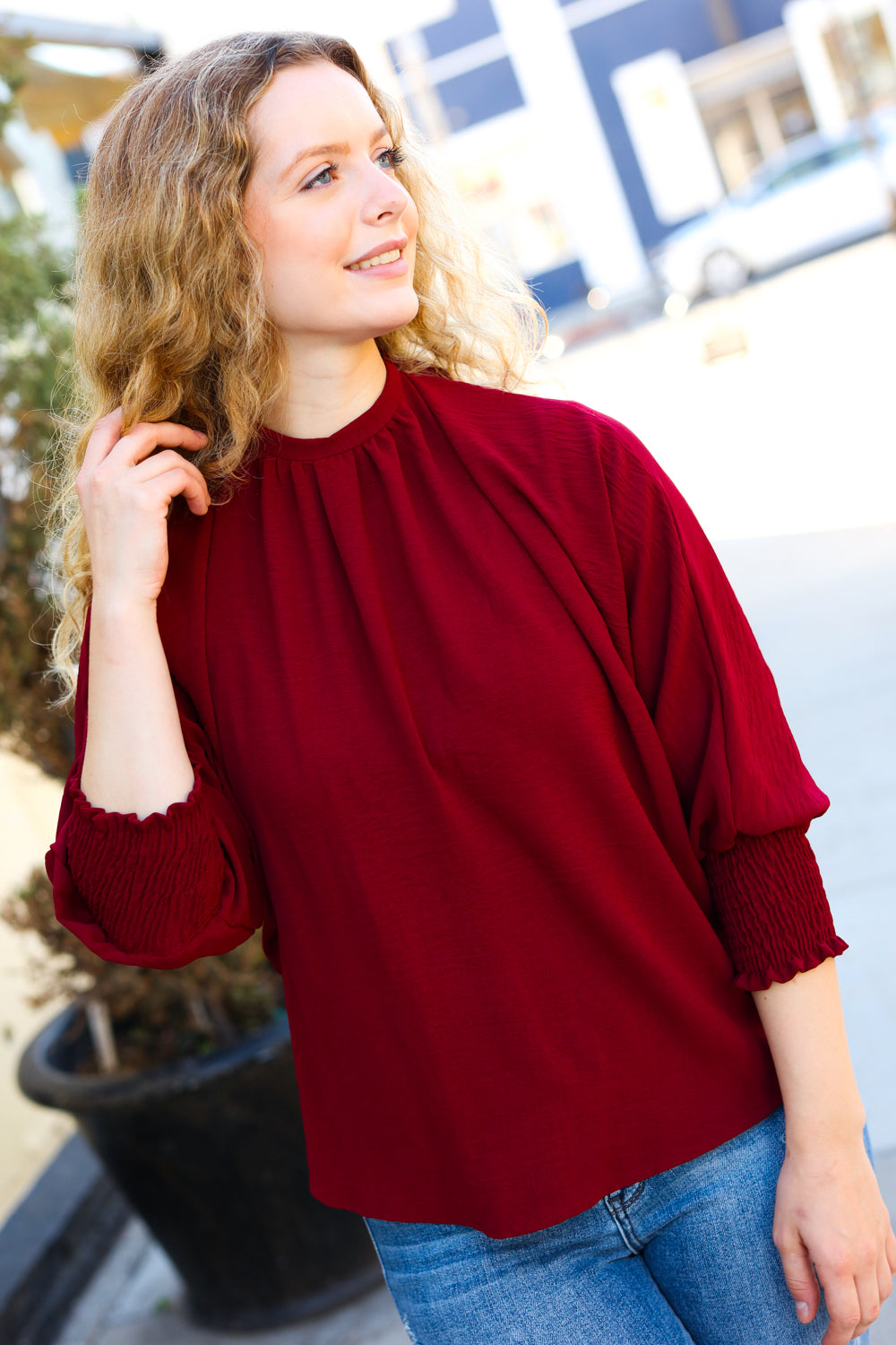 Bold Dreams Wine Smocked Three Quarter Sleeve Tie Back Top - Coeur de la Mode