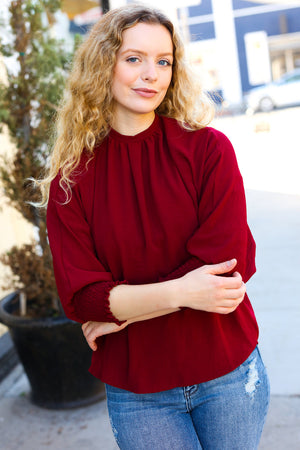 Bold Dreams Wine Smocked Three Quarter Sleeve Tie Back Top - Coeur de la Mode