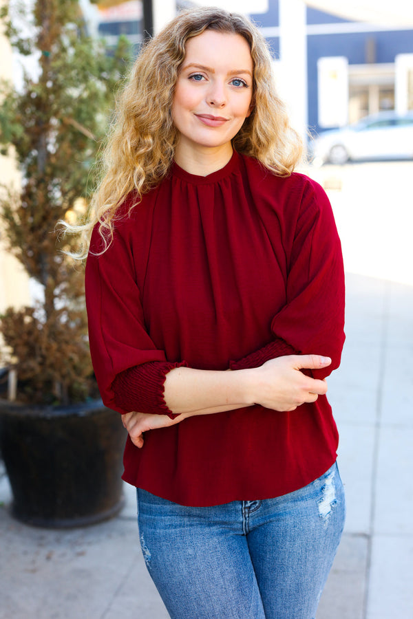 Bold Dreams Wine Smocked Three Quarter Sleeve Tie Back Top - Coeur de la Mode