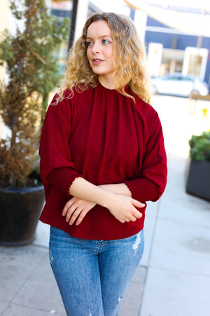 Bold Dreams Wine Smocked Three Quarter Sleeve Tie Back Top - Coeur de la Mode