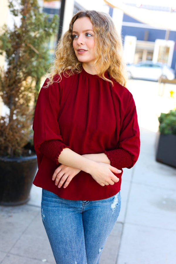 Bold Dreams Wine Smocked Three Quarter Sleeve Tie Back Top - Coeur de la Mode
