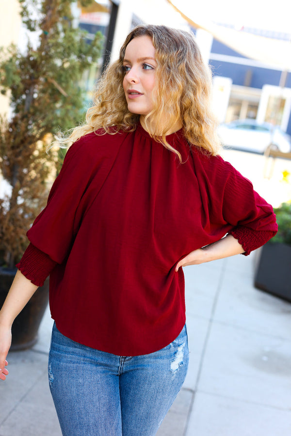 Bold Dreams Wine Smocked Three Quarter Sleeve Tie Back Top - Coeur de la Mode