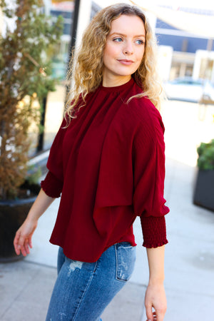 Bold Dreams Wine Smocked Three Quarter Sleeve Tie Back Top - Coeur de la Mode