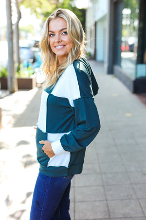 Adorable In Hunter Green Color Block Check Print Terry Hoodie - Coeur de la Mode