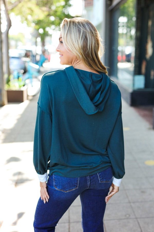 Adorable In Hunter Green Color Block Check Print Terry Hoodie - Coeur de la Mode