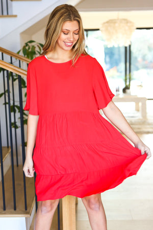 Feeling Bold Red Woven Panel Tiered Fluter Sleeve Dress - Coeur de la Mode