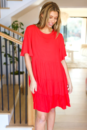 Feeling Bold Red Woven Panel Tiered Fluter Sleeve Dress - Coeur de la Mode