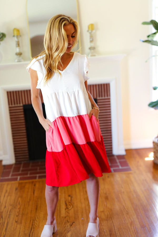 Peach & Cherry Red Tiered Frill Sleeve Midi Dress - Coeur de la Mode