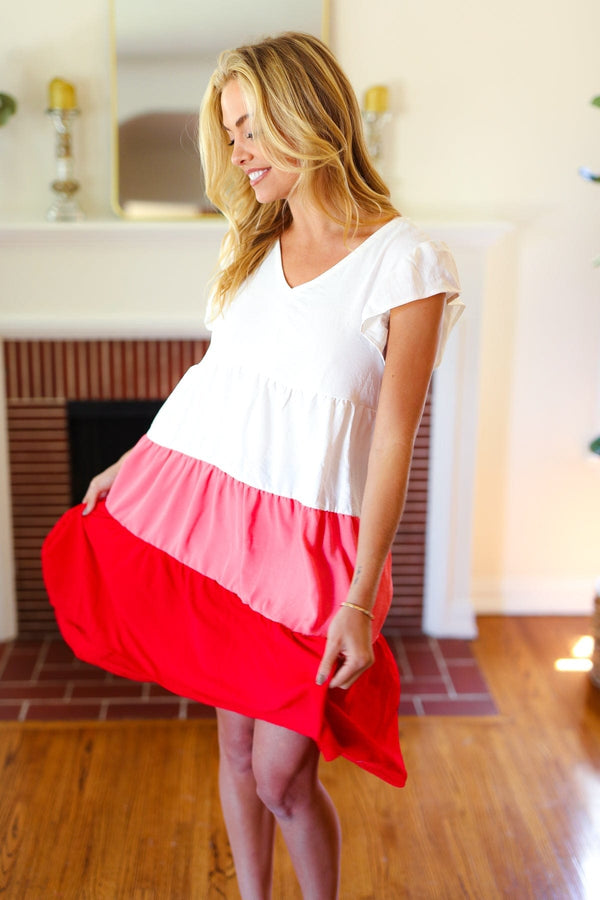 Peach & Cherry Red Tiered Frill Sleeve Midi Dress - Coeur de la Mode