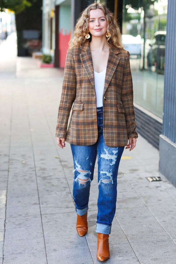 Make It Happen Spice Plaid Tailored Collar Lapel Blazer - Coeur de la Mode