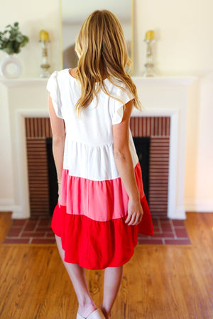 Peach & Cherry Red Tiered Frill Sleeve Midi Dress - Coeur de la Mode