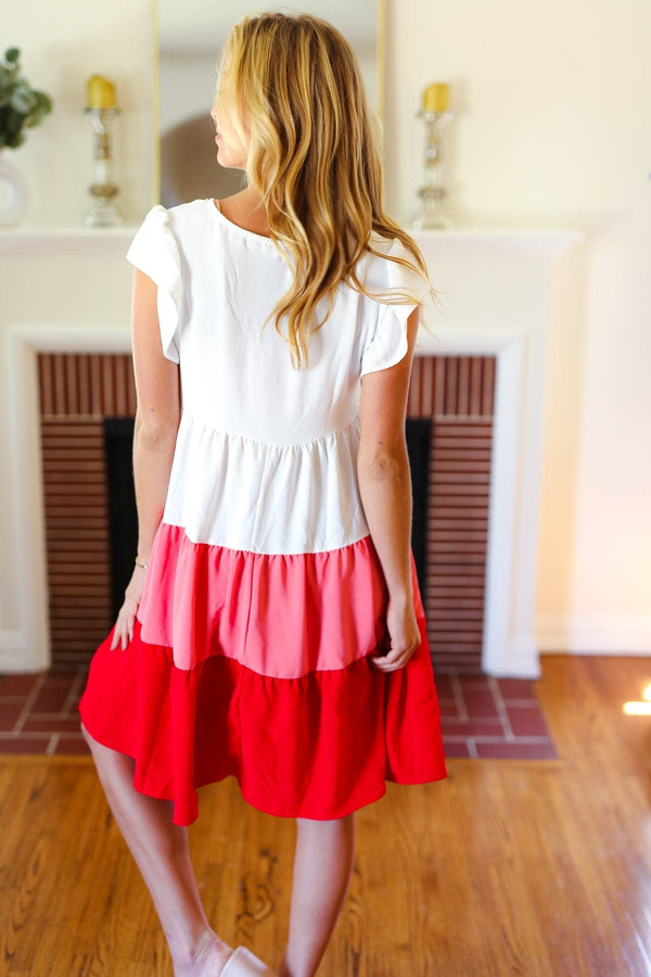 Peach & Cherry Red Tiered Frill Sleeve Midi Dress - Coeur de la Mode