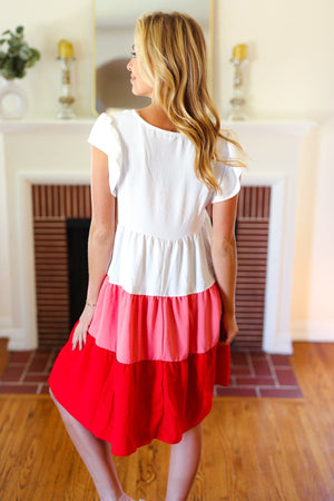 Peach & Cherry Red Tiered Frill Sleeve Midi Dress - Coeur de la Mode