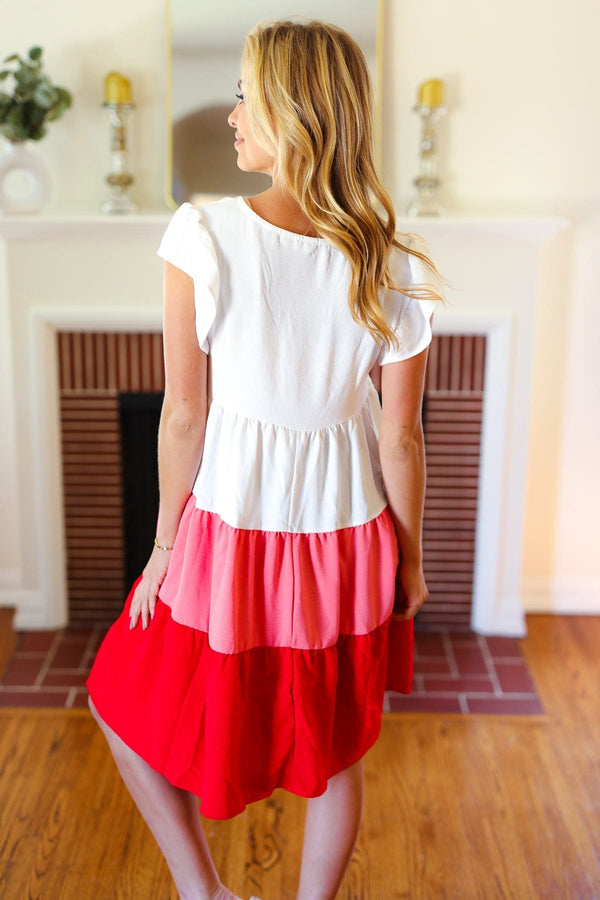 Peach & Cherry Red Tiered Frill Sleeve Midi Dress - Coeur de la Mode