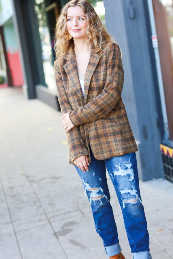 Make It Happen Spice Plaid Tailored Collar Lapel Blazer - Coeur de la Mode