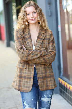 Make It Happen Spice Plaid Tailored Collar Lapel Blazer - Coeur de la Mode