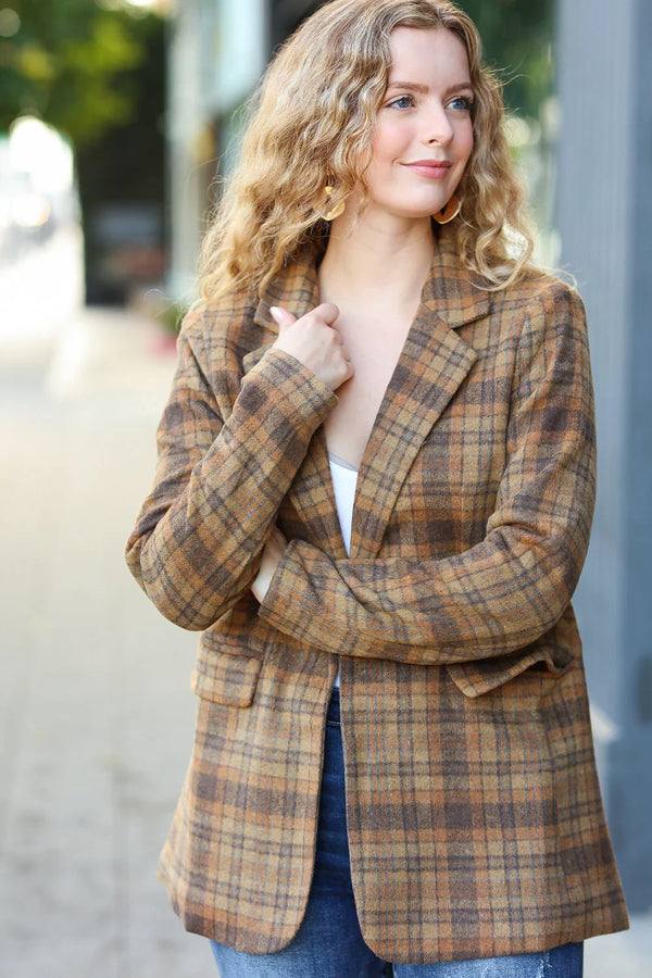 Make It Happen Spice Plaid Tailored Collar Lapel Blazer - Coeur de la Mode