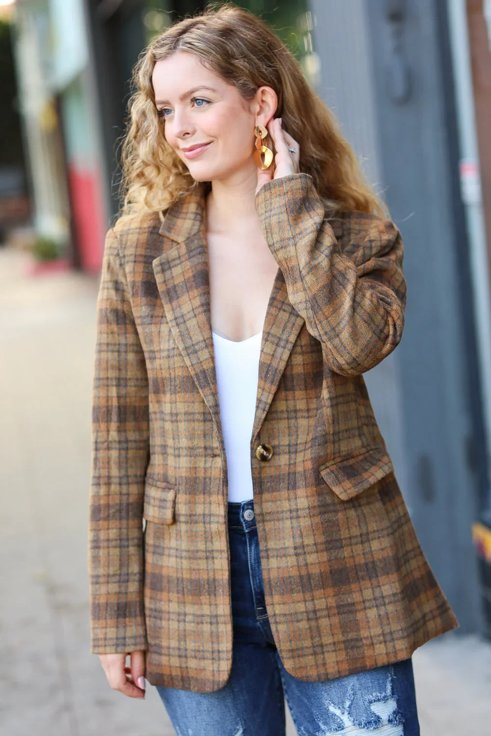Make It Happen Spice Plaid Tailored Collar Lapel Blazer - Coeur de la Mode