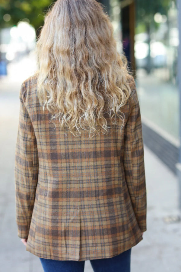 Make It Happen Spice Plaid Tailored Collar Lapel Blazer - Coeur de la Mode