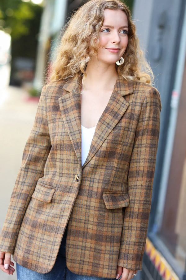 Make It Happen Spice Plaid Tailored Collar Lapel Blazer - Coeur de la Mode