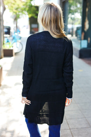 Everyday Black Striped Knit Open Cardigan - Coeur de la Mode