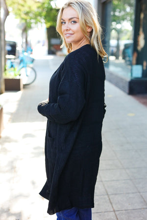 Everyday Black Striped Knit Open Cardigan - Coeur de la Mode