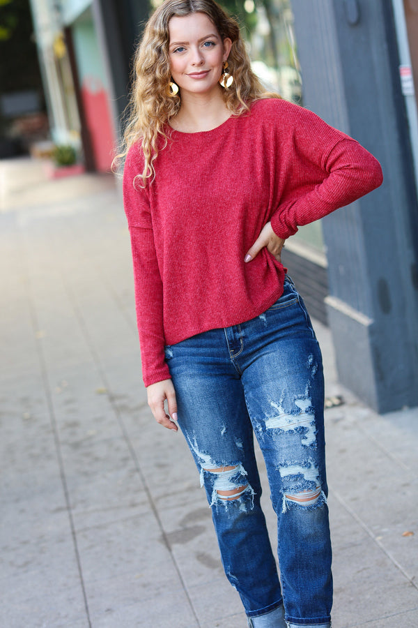 Stay Awhile Red Ribbed Dolman Cropped Sweater - Coeur de la Mode