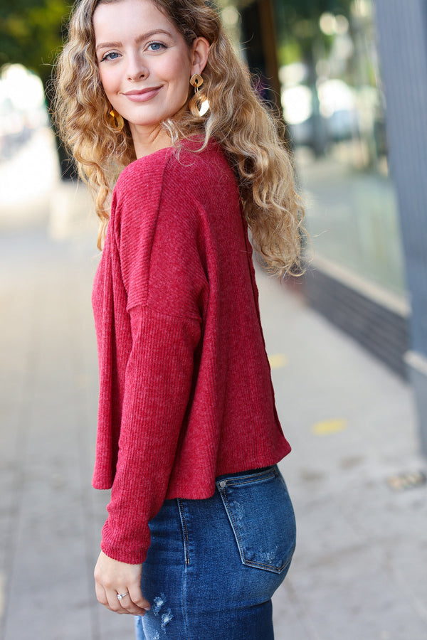Stay Awhile Red Ribbed Dolman Cropped Sweater - Coeur de la Mode