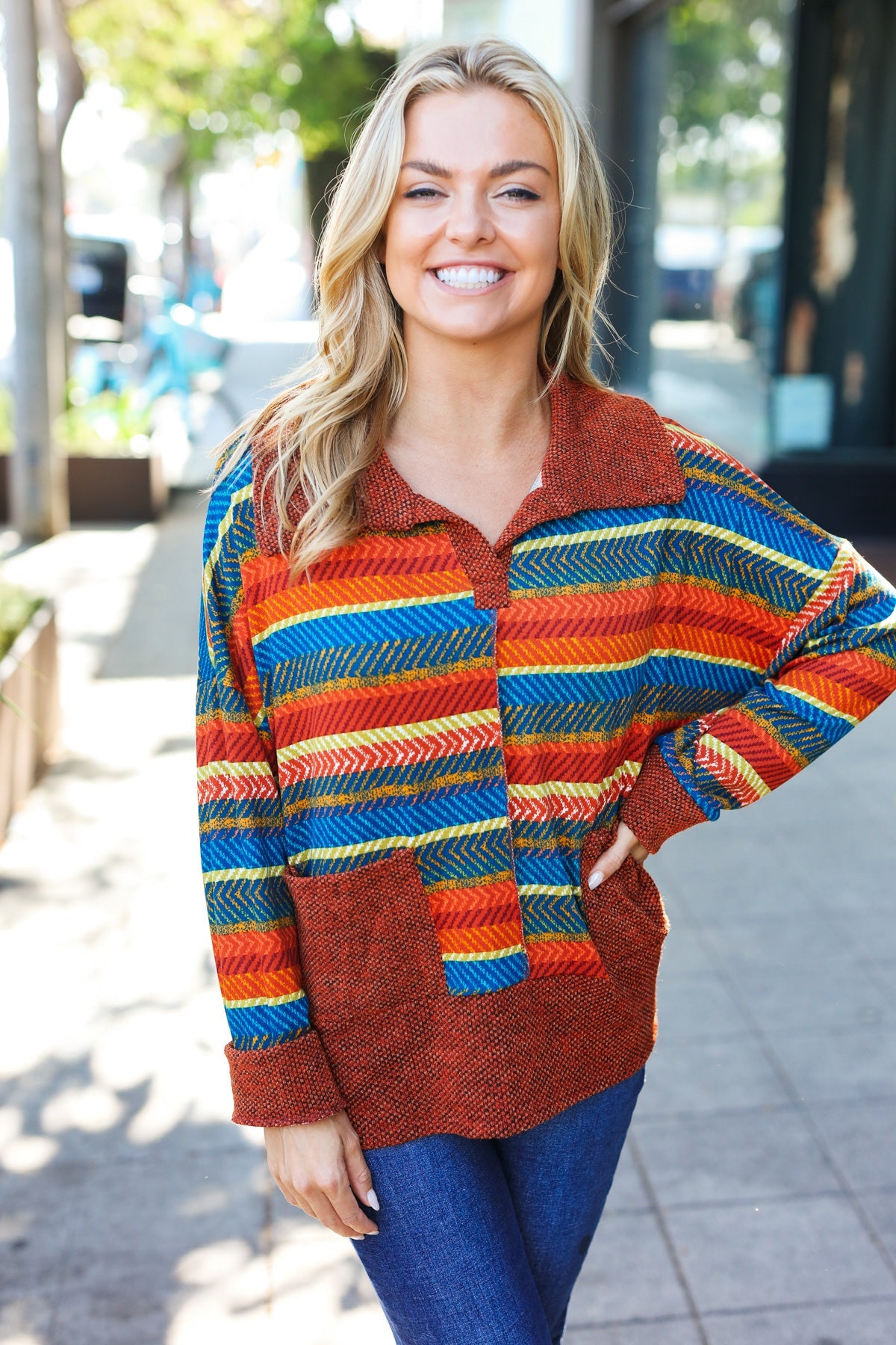 Casual Living Rust & Teal Striped Two Tone Knit Pocketed Top