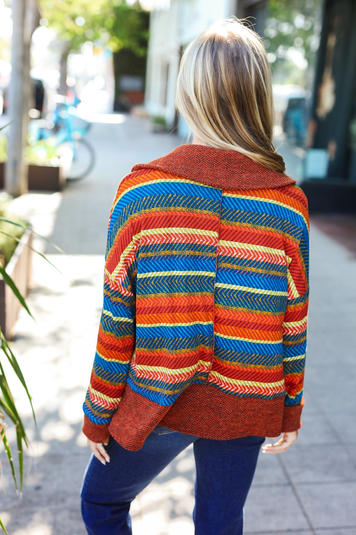 Casual Living Rust & Teal Striped Two Tone Knit Pocketed Top