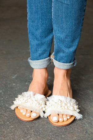Ivory Linen Fray Beaded Faux Pearl Slide Sandal - Coeur de la Mode