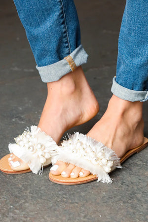 Ivory Linen Fray Beaded Faux Pearl Slide Sandal - Coeur de la Mode