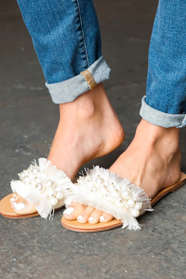 Ivory Linen Fray Beaded Faux Pearl Slide Sandal - Coeur de la Mode