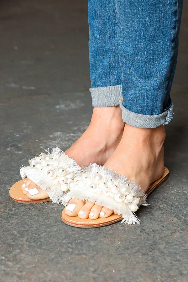 Ivory Linen Fray Beaded Faux Pearl Slide Sandal - Coeur de la Mode